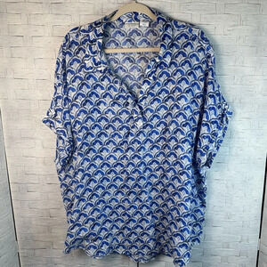 SIGRID OLSEN 100% Linen tunic blouse blue white roll tap sleeve coastal